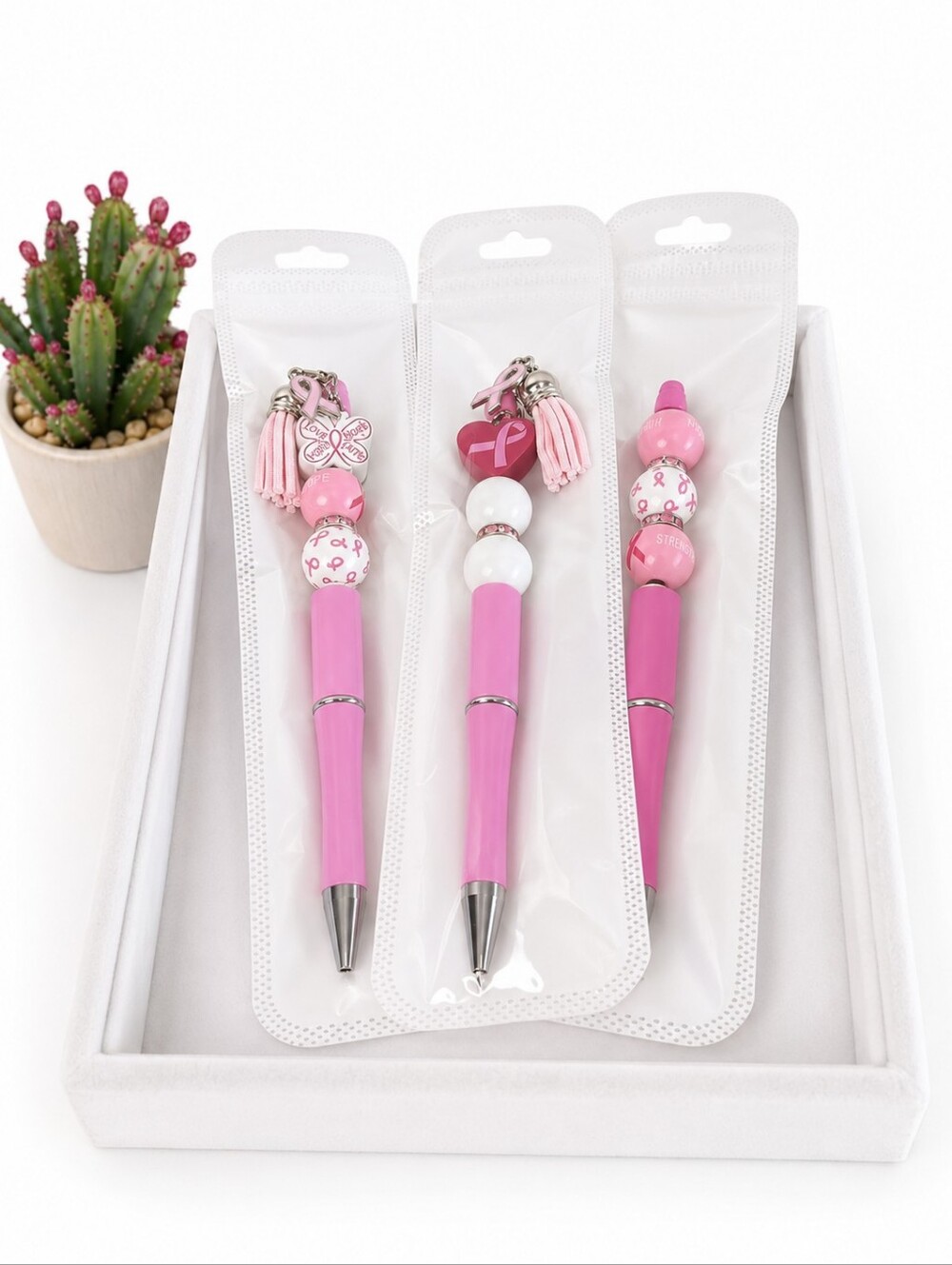 Breast Cancer Awareness Beaded Charm Pen Set of 3 Pink Handmade